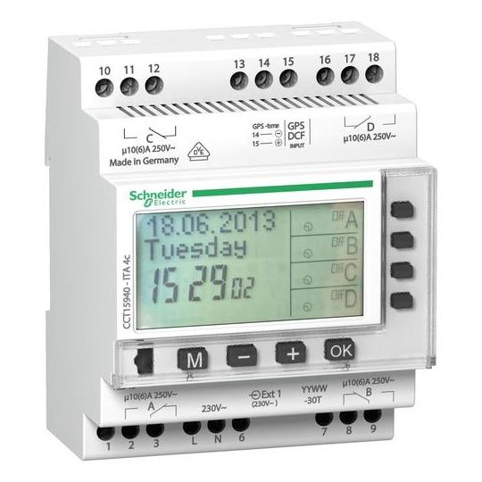 Schneider CCT15940 - Interrupteur horaire programmable ITA 4 canaux - 24h /  7j / 1 an